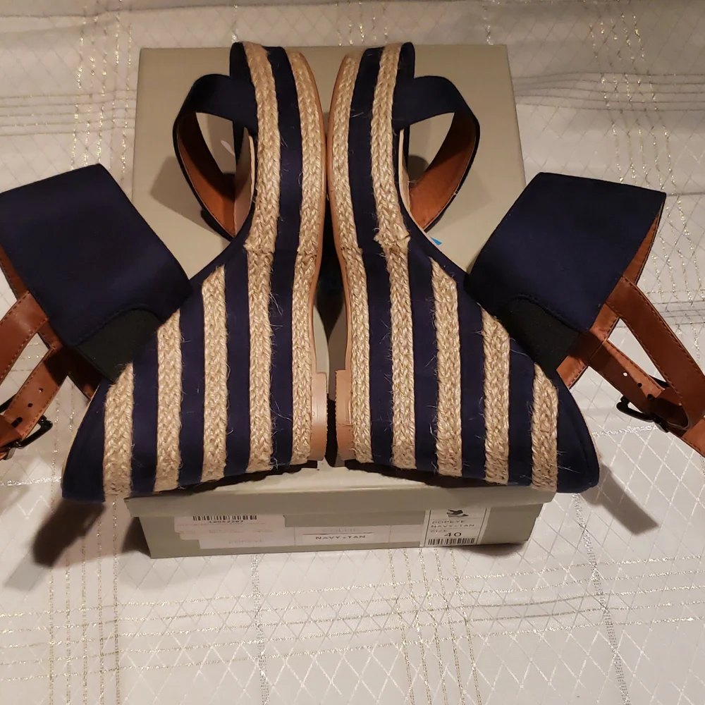 French Blu NEW Wedge Espadrille Platform Sandal NIB Navy Tan Women's 40